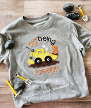 Load image into Gallery viewer, Boy&#39;s &quot;I Dig Being&quot; Birthday Excavator Applique Shirt
