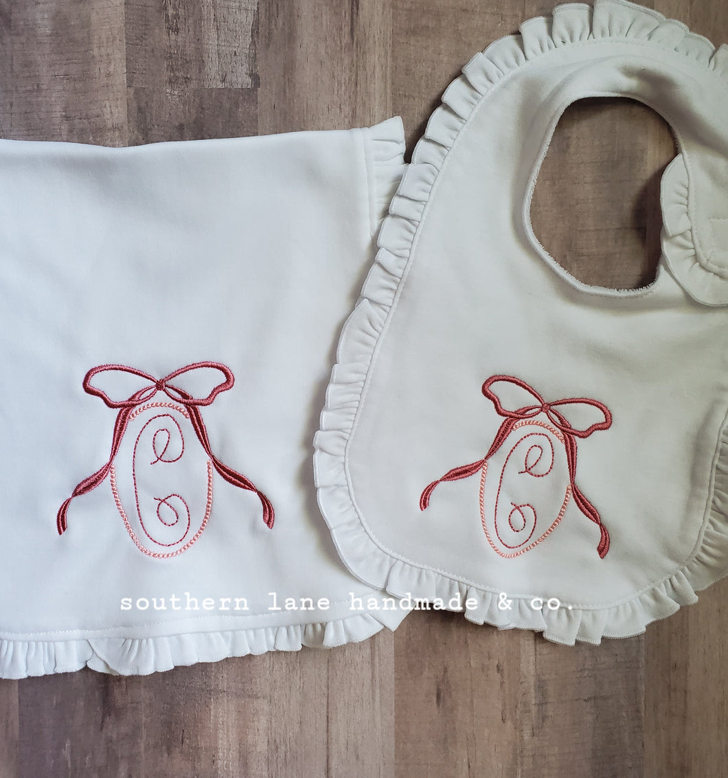 Ruffle Bib and Burp Cloth Set with Bow Frame